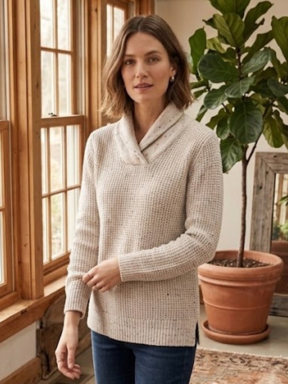 Lands End Womens Small 6-8 Petite Confetti Speckle Knit Sweater Cozy Preppy RARE